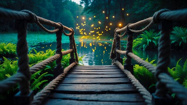 Fototapeta Walking on wooden bridge with rope railing over still forest lake