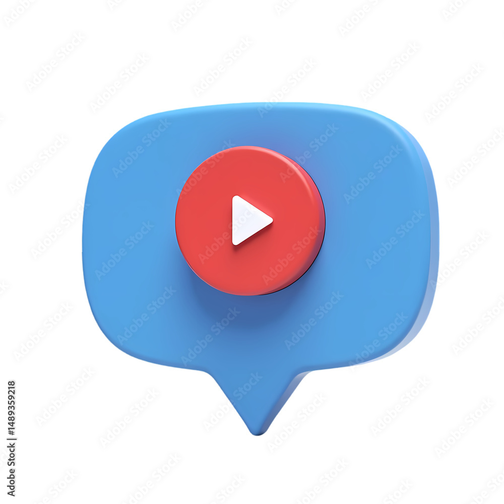 Poster a blue speech bubble with a red circle and white play button in a digital render isolated on transpa