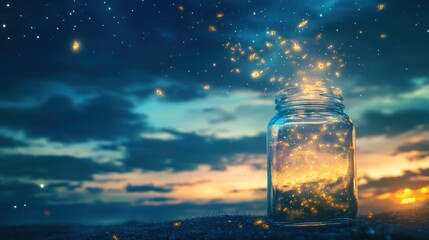Sparkling dreams: A glass jar catching starlight under a twilight sky