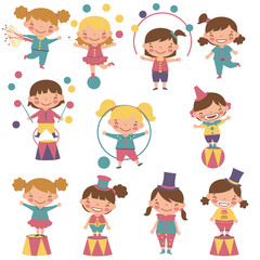 Fototapeta premium Children performing circus acts with colorful costumes and props 
