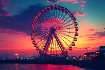 Ferris wheel silhouette against pastel sunset sky, minimalist photography with cinematic lighting, sharp focus and perfect composition, high resolution HDR image
