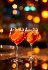 A glass with a cocktail. I want it to be aperol spritz. Garnished with an orange. in the background a luxury restaurant