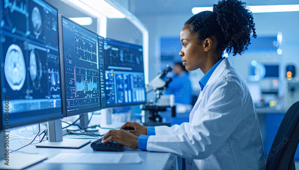 Poster scientific progress in the lab: a dedicated scientist in a modern laboratory meticulously analyzes d