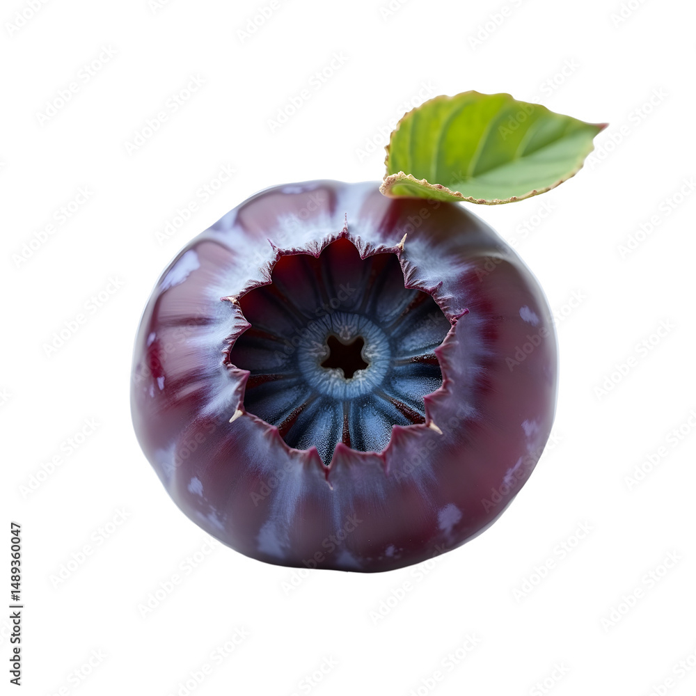 Poster highly detailed magnified cross-section of a ripe blueberry with a leaf showing intricate internal s