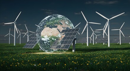 Futuristic Renewable Energy Scene with Solar Panels and Wind Turbines