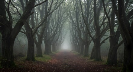 Twisted Trees Pathway Through Misty Forest in Twilight Light