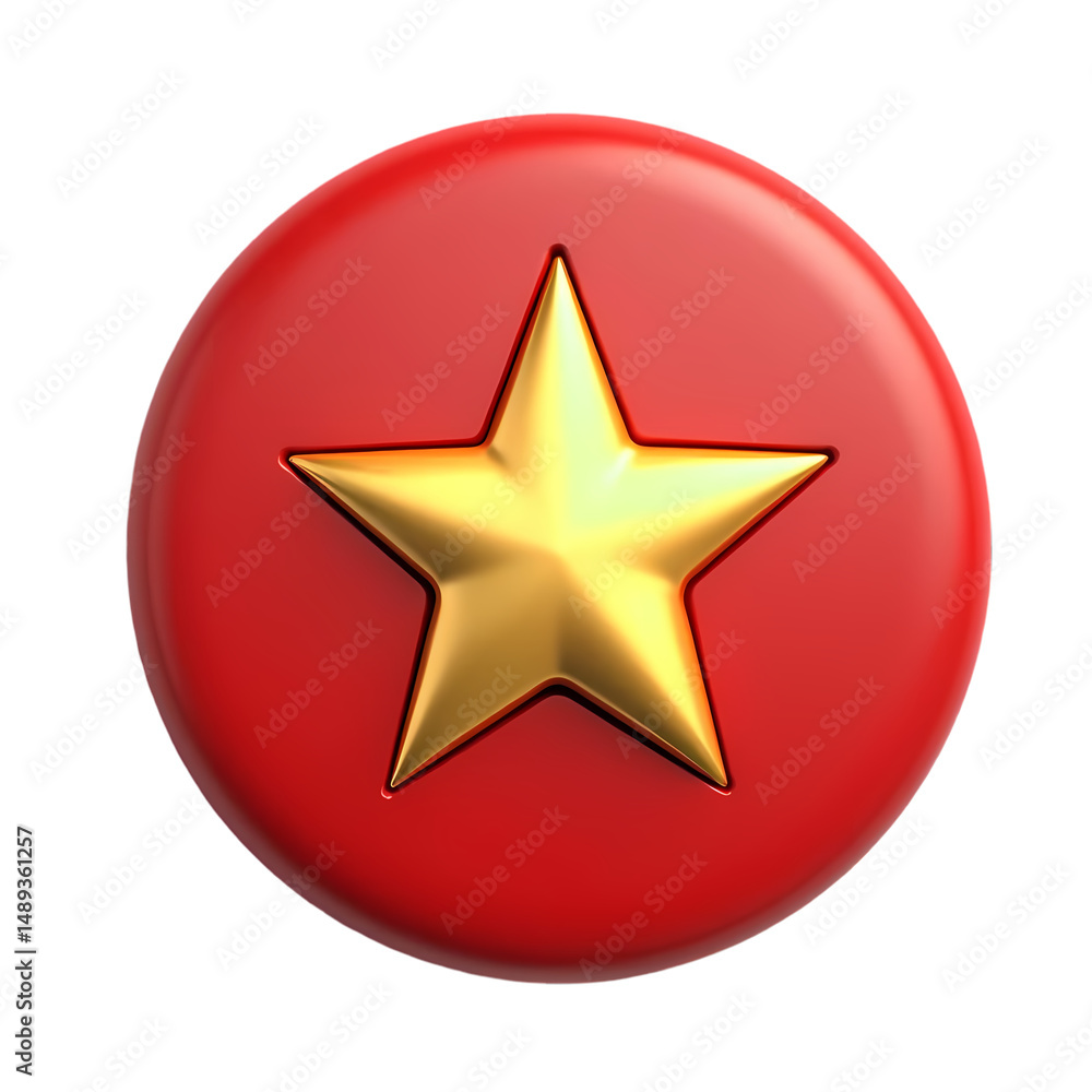 Poster a red round button with a golden star in the center close up and highly detailed isolated on transpa