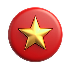 Fototapeta premium A red round button with a golden star in the center close up and highly detailed isolated on transparent background
