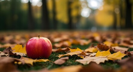 Apple Surrounded by Colorful Foliage on Forest Ground