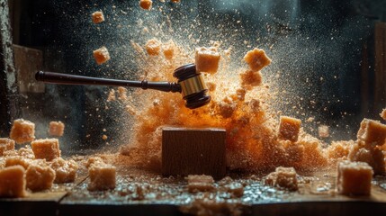 Gavel striking brown sugar cubes dynamic food and justice concept