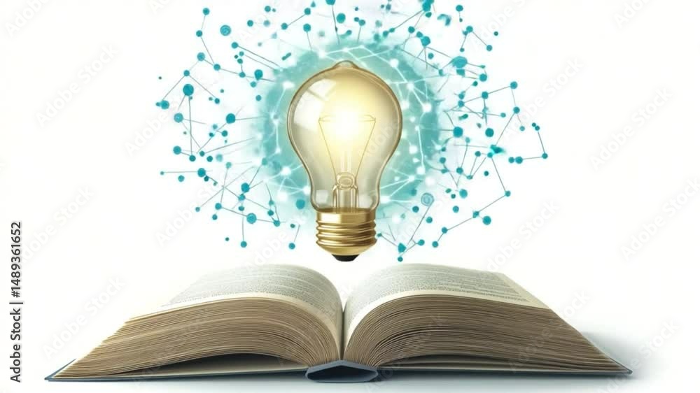 Poster illuminating knowledge: a creative composition featuring a radiant lightbulb hovering above an open 