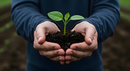 Young Hands Holding Fresh Green Plant in Rich Soil Outdoors
