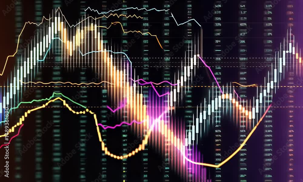 Aufkleber a stock market graph with candlestick charts, showing various colors and patterns of candles on the 