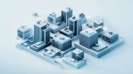 A detailed, isometric view of a futuristic, modern city with abstract buildings and design.