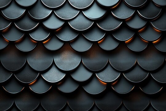 Close-up of overlapping dark metallic scales with a textured surface and subtle orange highlights creating a fish scale or armor pattern