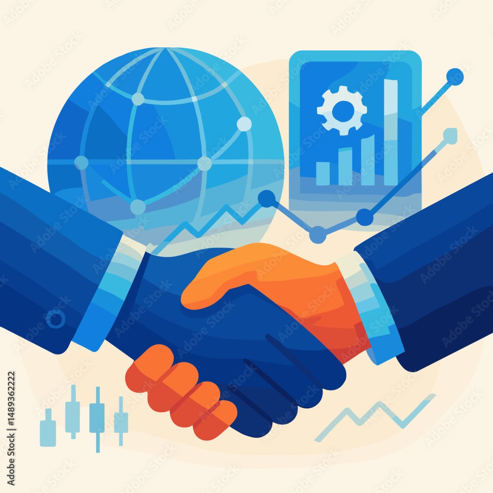 Poster business handshake with global graph background in modern style