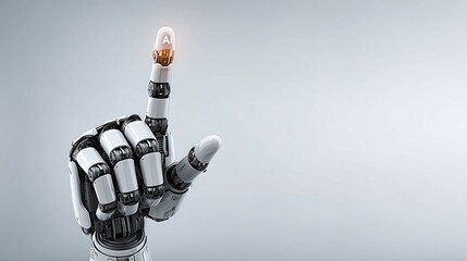 Naklejka premium Robot hand points upward with glowing fingertip on light gray background.