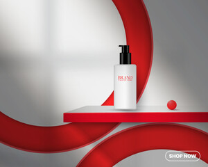 Social media cosmetics product sale podium background design. Empty 3D cylinder promotional product sale abstract podium design vector. Social media beauty product advertisement poster design. 