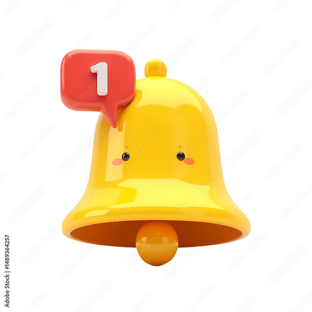 Poster a yellow bell with a notification bubble showing the number one isolated background isolated on tran