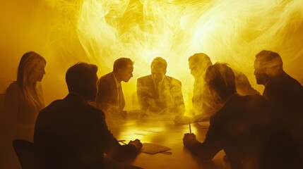 A stylized, high-speed snapshot of professionals in discussion, their figures slightly blurred as if in constant motion, set against a warm yellow-lit backdrop that exudes innovation and progress.