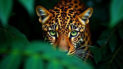Obraz premium Portrait of a jaguar in the jungle with green eyes wildlife photography animal predator big cat nature 4k hd 