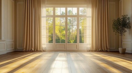 An empty, sunlit room with a large window, perfect for a modern, elegant home.