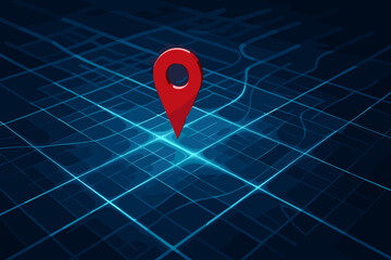 Map with red pin marking location on digital grid background  