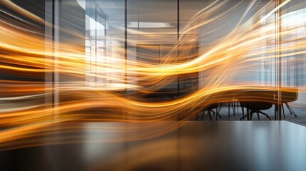 A stylized, high-speed snapshot of professionals in discussion, their figures slightly blurred as if in constant motion, set against a warm yellow-lit backdrop that exudes innovation and progress.