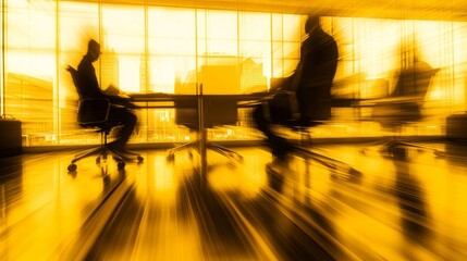 A stylized, high-speed snapshot of professionals in discussion, their figures slightly blurred as if in constant motion, set against a warm yellow-lit backdrop that exudes innovation and progress.