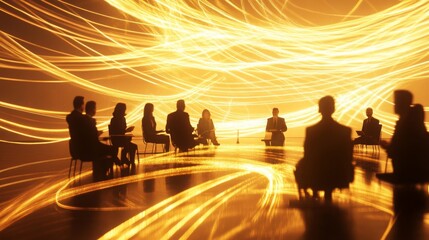 A stylized, high-speed snapshot of professionals in discussion, their figures slightly blurred as if in constant motion, set against a warm yellow-lit backdrop that exudes innovation and progress.