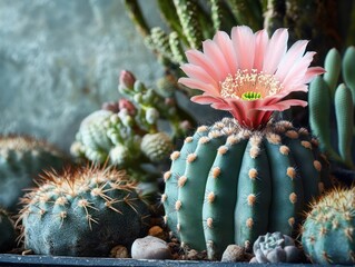 Close-up of various green cacti with round shapes and spines, featuring a large blooming pink cactus flower, surrounded by small rocks and succulents, natural lighting
