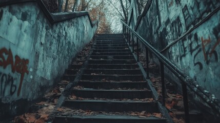 Old stone staircase ascending through autumn trees urban exploration