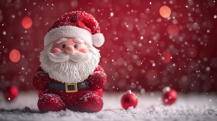 Festive Santa Claus Figurine Surrounded by Snowflakes and Colorful Ornaments in Warm Holiday Atmosphere