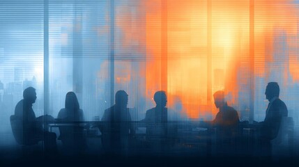 Fototapeta premium Silhouetted figures in a meeting with sunset glow. Abstract Futuristic Business Background