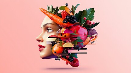 Woman profile with fruit, vegetables in head. Creative, artistic food collage