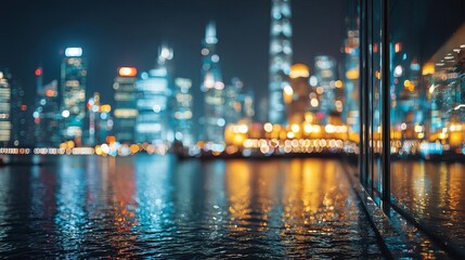 Stunning city skyline reflected in water at night. Abstract Futuristic Business Background