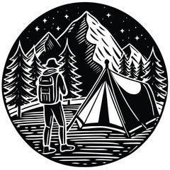Solo Hiker with Mountain Tent Background Illustration