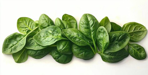 Obraz premium Fresh green spinach leaves arranged in a neat row on a white background showcasing healthy and vibrant produce