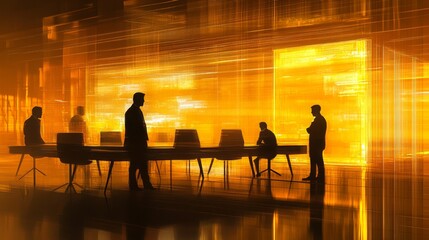 A stylized, high-speed snapshot of professionals in discussion, their figures slightly blurred as if in constant motion, set against a warm yellow-lit backdrop that exudes innovation and progress.