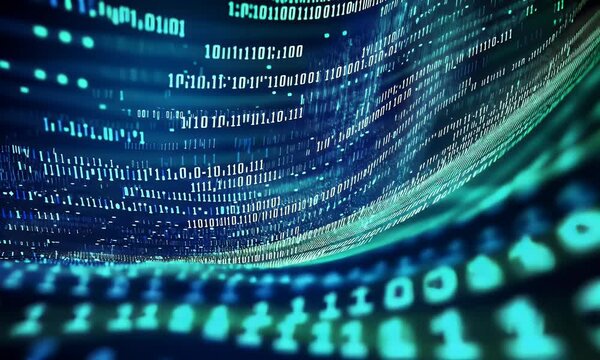  Digital background featuring swirling binary code and data streams, representing the power of technology in information science