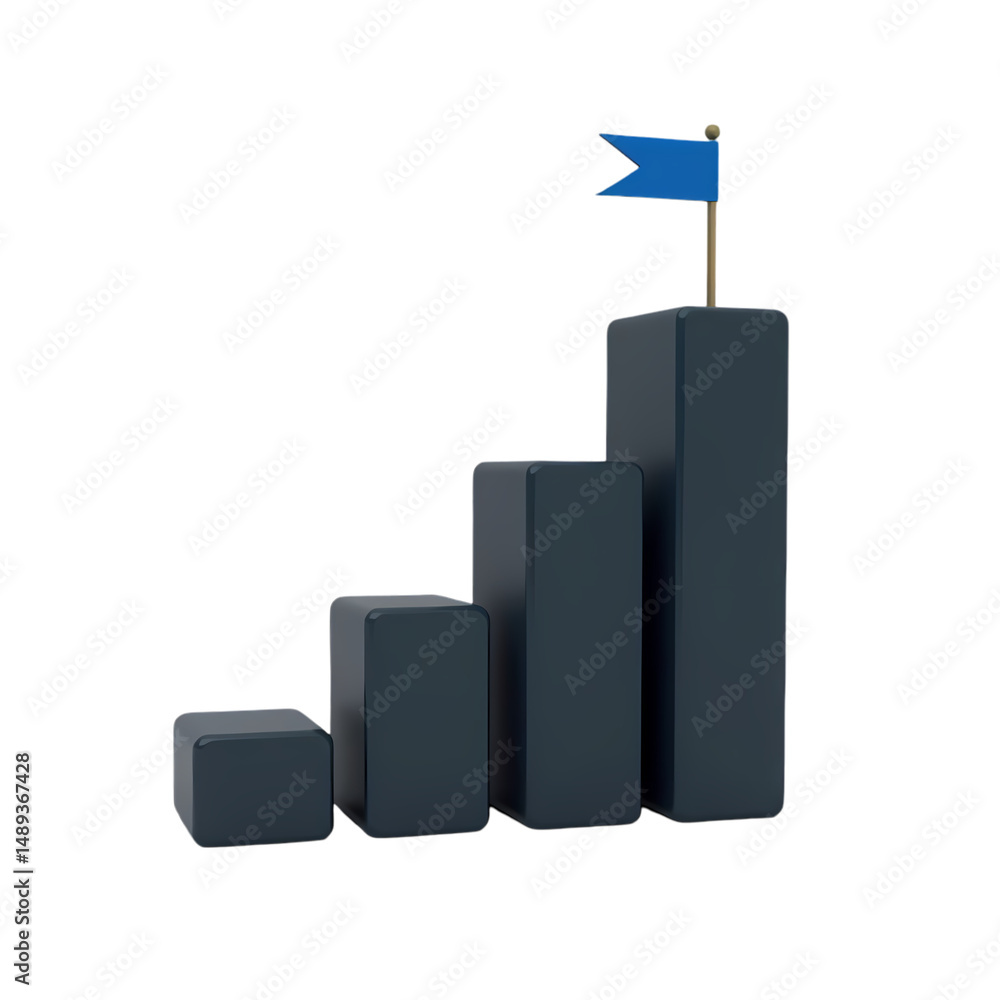 Poster a minimalistic illustration of a bar graph with a blue flag on top isolated on transparent backgroun