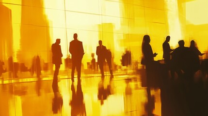 A stylized, high-speed snapshot of professionals in discussion, their figures slightly blurred as if in constant motion, set against a warm yellow-lit backdrop that exudes innovation and progress.