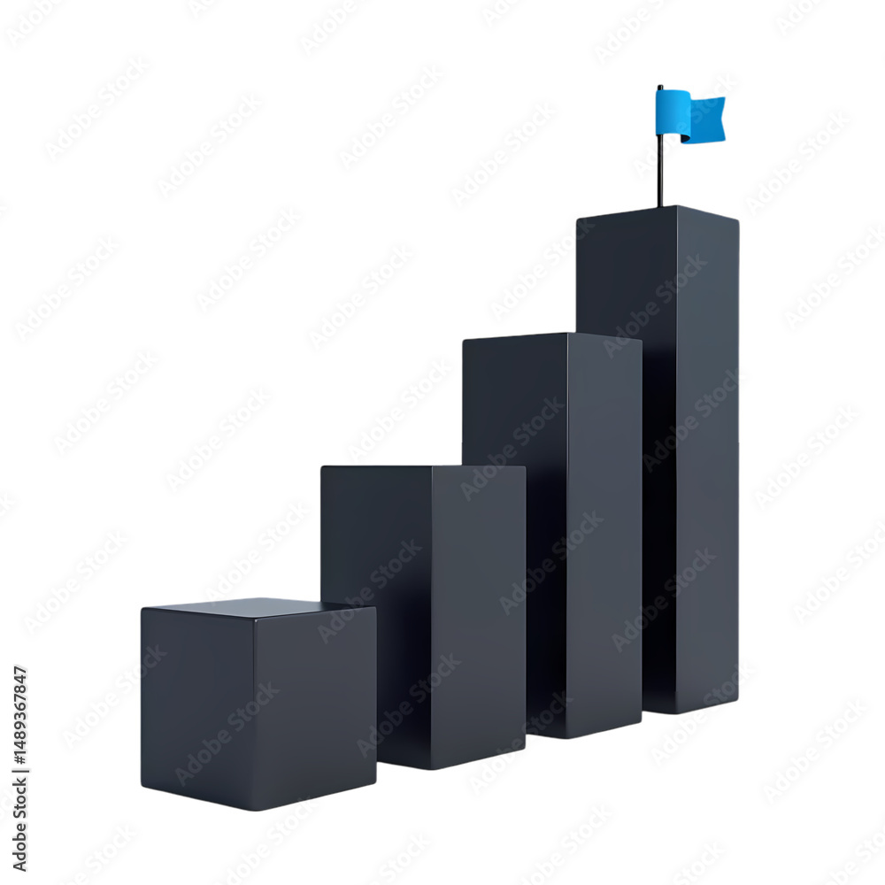 Poster a dark gray bar graph with four bars increasing in height and a blue flag on the tallest bar isolate