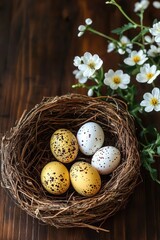 Obraz premium close-up of a bird's nest with five speckled eggs on a wooden surface near delicate white flowers with yellow centers
