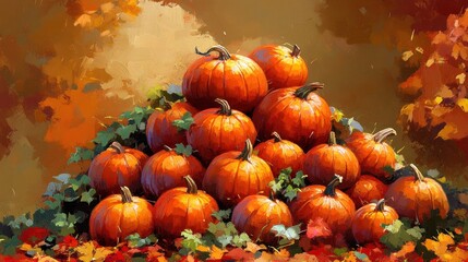 Autumn harvest vibrant pumpkins in impressionistic style