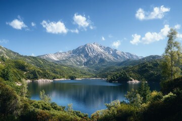 Tranquil mountain lake surrounded by lush green forest under a blue sky with scattered clouds, featuring a prominent rocky mountain peak