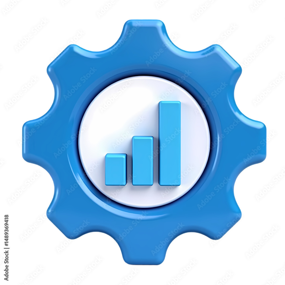 Poster a blue gear with a white circle inside containing a blue bar graph render isolated on transparent ba