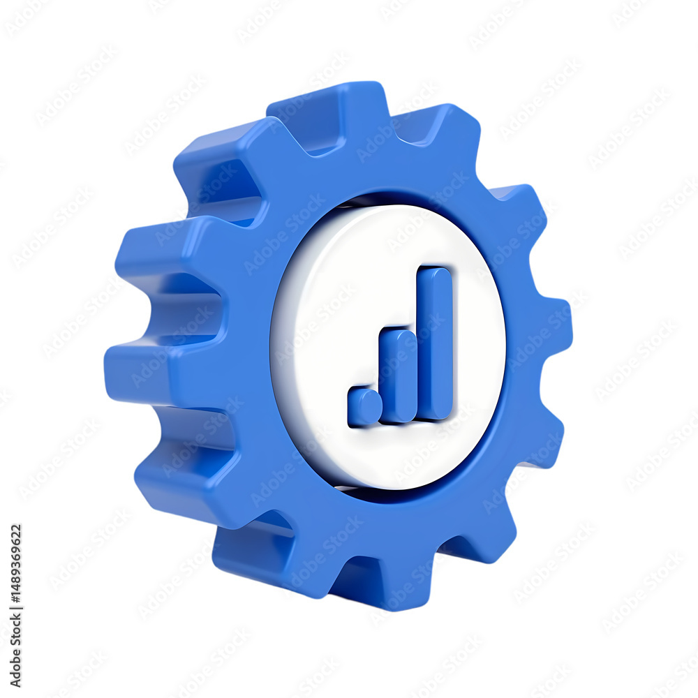 Poster a blue gear with a white circle containing a bar graph in a digital rendering isolated on transparen
