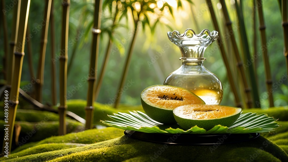 Poster sliced melon and oil in forest setting with ambient light