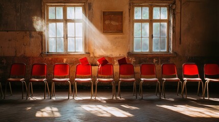 Sunlight illuminates a row of red chairs in a vintage interior